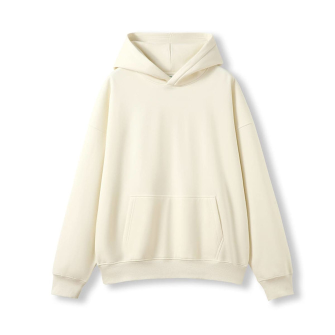 A cream oversized hoodie featuring a front pocket and a hood, with an attached branding logo.