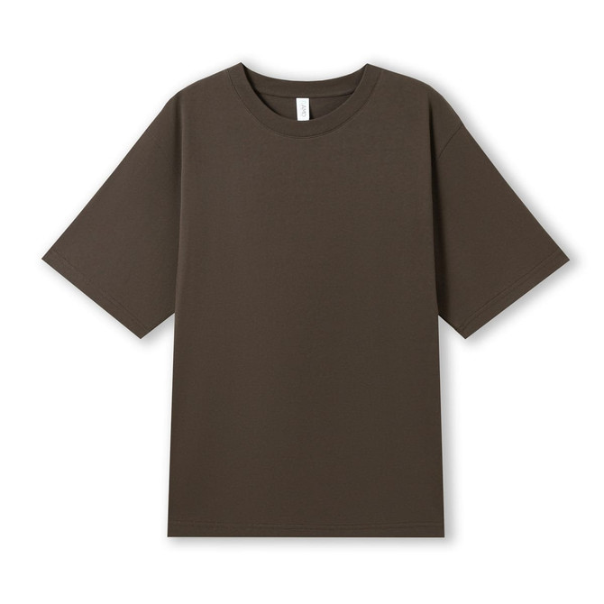 A brown unisex oversize easyfit tee with a relaxed fit and short sleeves, featuring a small logo.