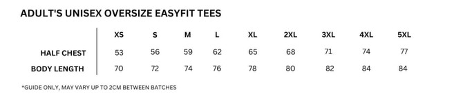 A size guide for unisex oversize easyfit tees, displaying measurements for XS to 5XL.