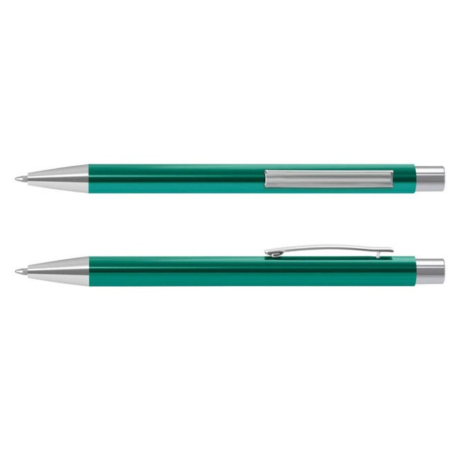 A metal pen in a vibrant teal colour with silver accents and a clip. The pen is shown from two angles.