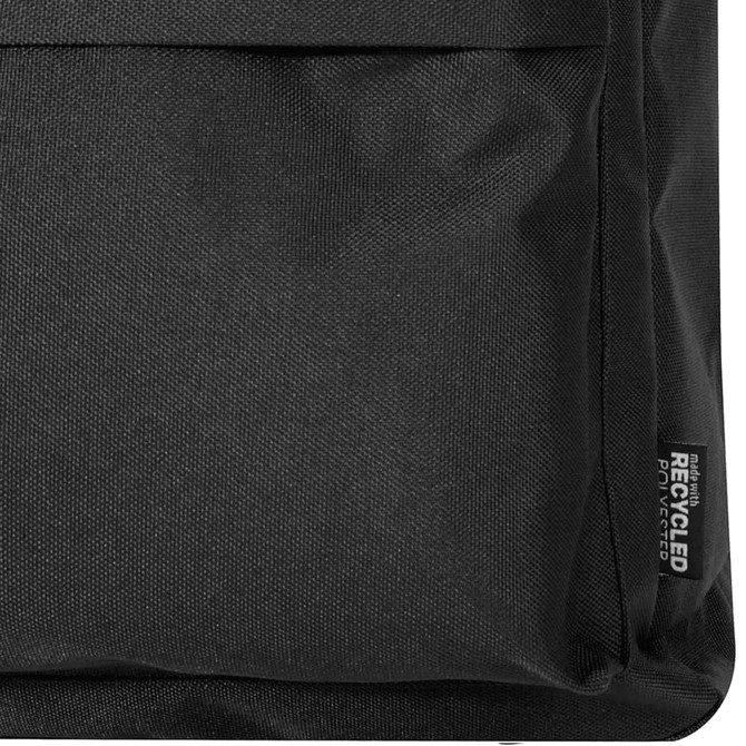 A black laptop backpack with a textured finish, featuring a side pocket and a logo branding.