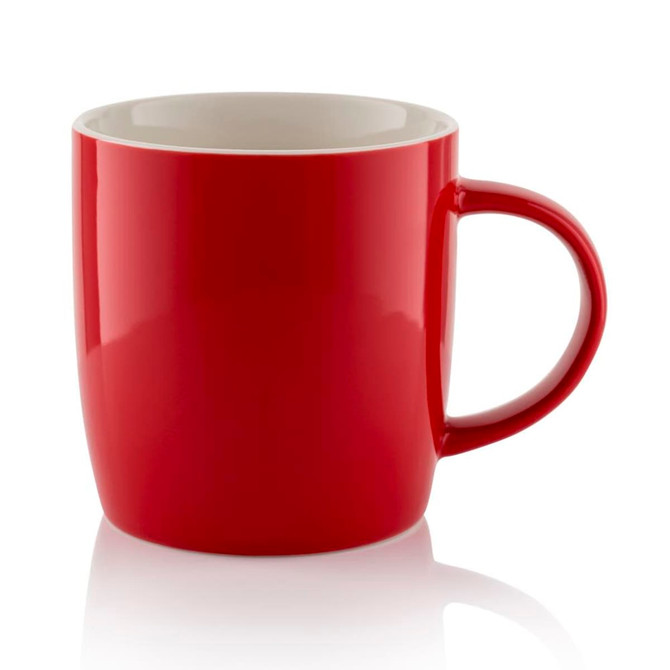 A red barrel mug with a glossy finish and a white inner lining, featuring a single handle.