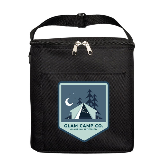 A black insulated cooler bag with a zip closure and a front pocket, featuring a logo of a tent.