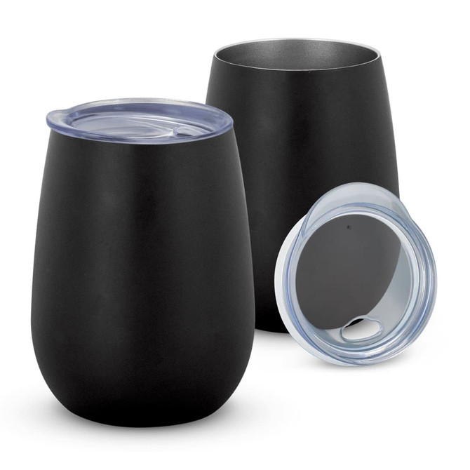 A drink bottle set featuring two black vacuum cups, one with a clear lid and one without.