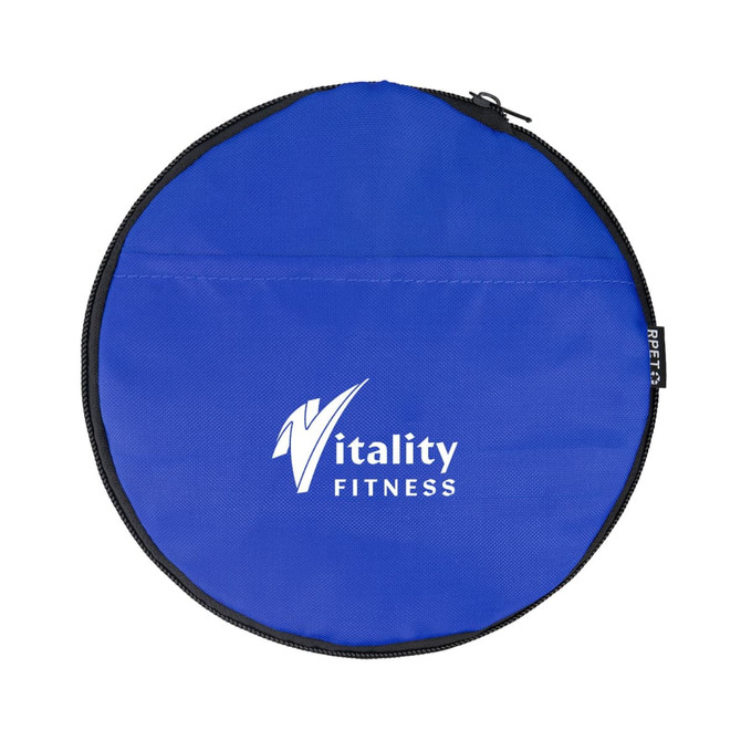 A round blue bag featuring a logo, with a zippered closure for storage or transport.
