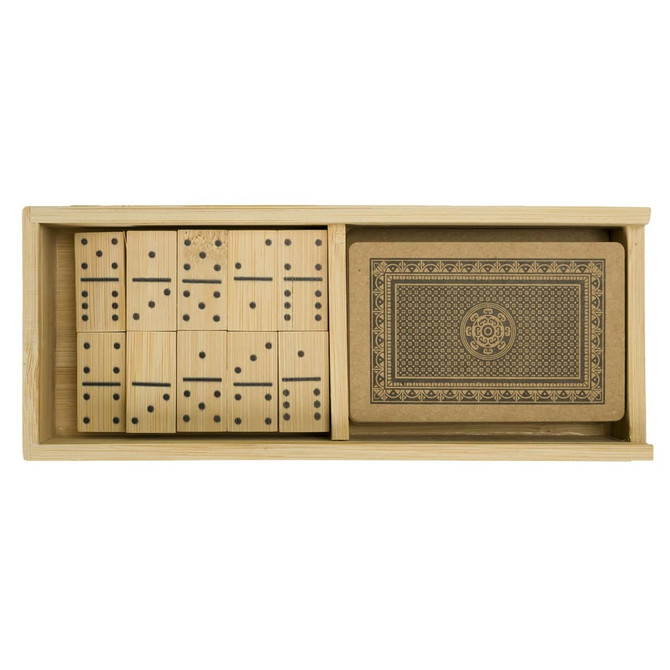 A bamboo box containing a set of dominoes and a decorated playing card deck. The items are natural wood and dark brown.
