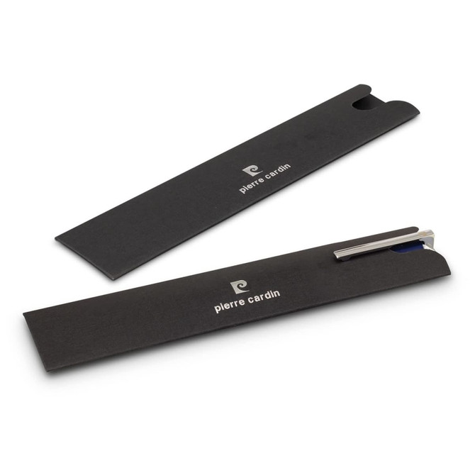 A metal pen in a black presentation case, featuring a silver clip and branding on the case.