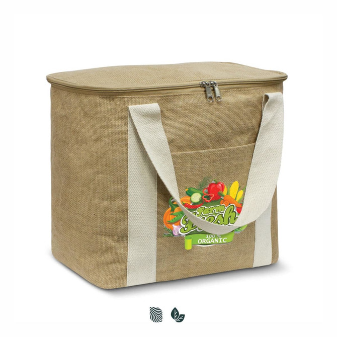 A brown cooler bag with a zip, featuring a front pocket and sturdy white handles. It has a logo.