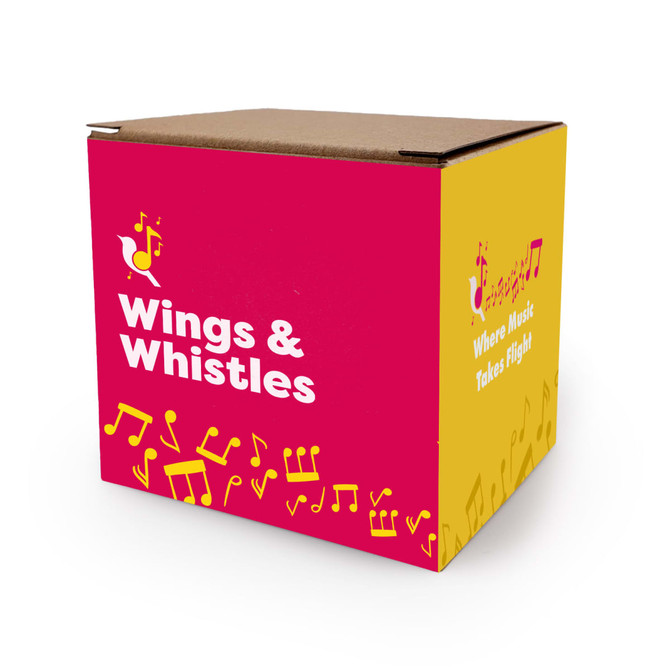 A pink and yellow boxed product with a musical theme, featuring notes and a bird graphic, and includes a logo.