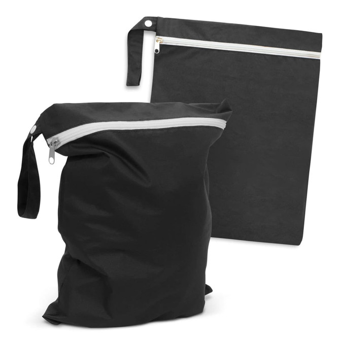 A black wet bag with a zippered closure, featuring a handle and a flat zip pouch. Both have a branded logo.