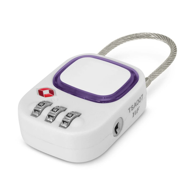 A white TSA lock with a purple accent and a metal cable, featuring a three-digit combination dial.