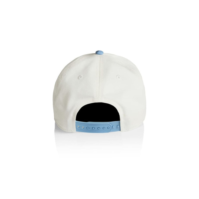 A two-tone cap featuring a white body and a light blue strap. The back has an adjustable snap closure.