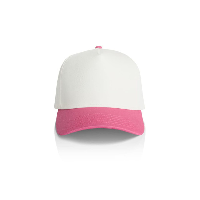 A two-tone cap featuring a white upper and a pink brim, complete with a logo.