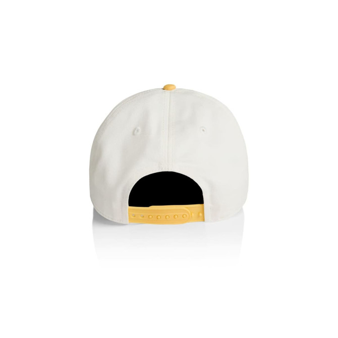 A two-tone cap featuring a white body and a yellow adjustable strap at the back, with a logo present.