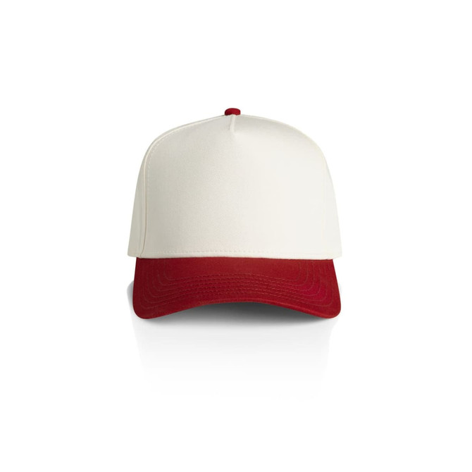 A two-tone cap featuring a white front and a red peak, complete with a logo.