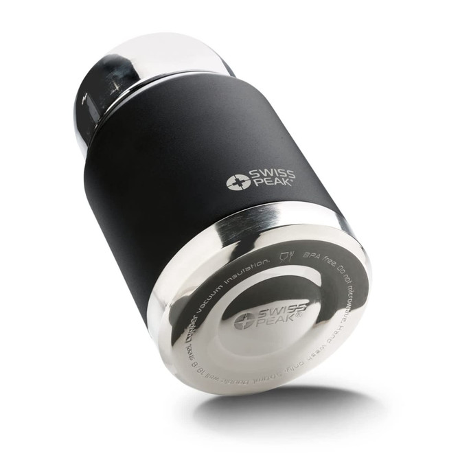 A drink bottle in matte black with a silver stainless steel top and a logo displayed on the body.