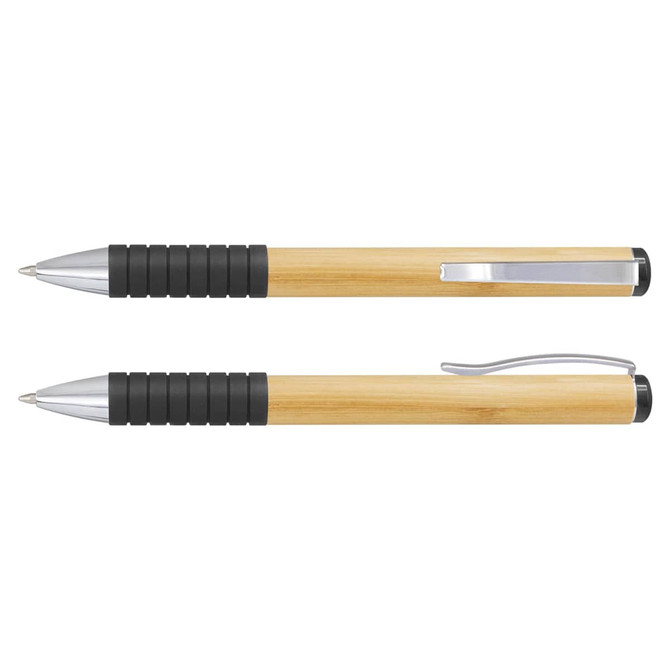 A bamboo twist pen featuring a silver clip and black grip, showcasing a natural wooden finish.