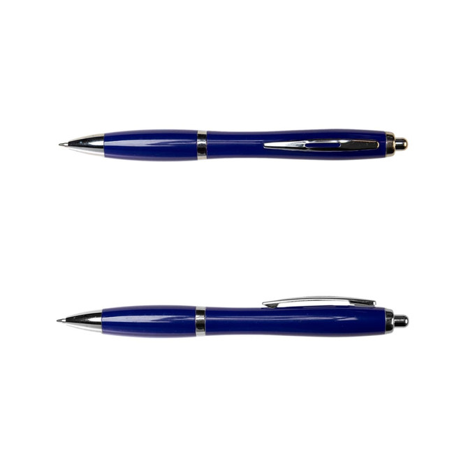 A blue metal pen, featuring a sleek design with chrome accents and a retractable tip.