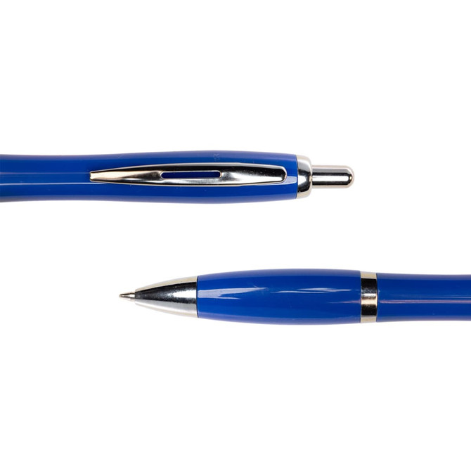 A blue metal pen featuring a shiny silver clip and tip, with a sleek design. It has a logo on the side.