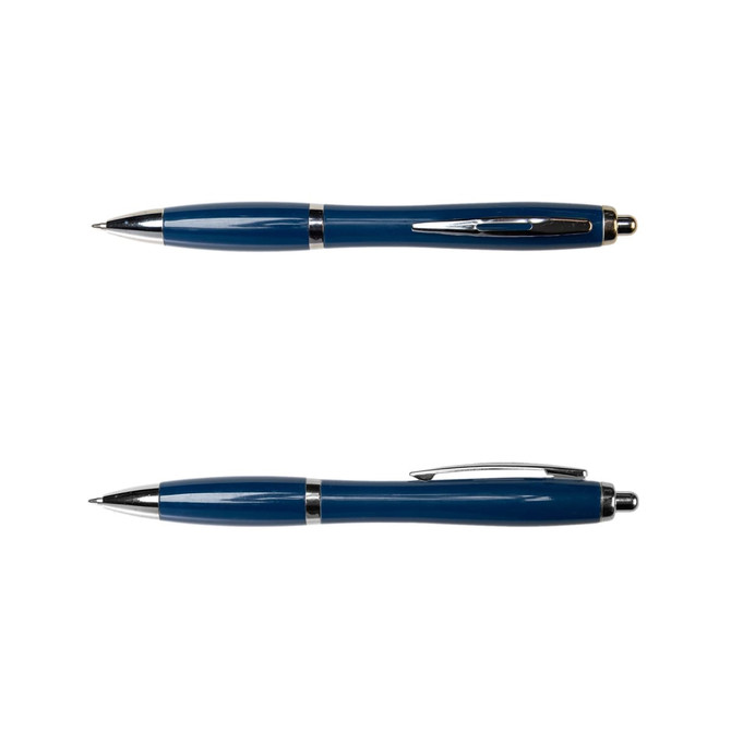 A blue metal pen with a sleek design and silver accents, featuring a clip and a writing tip.