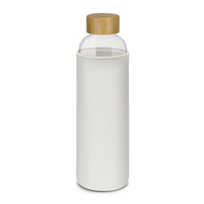 A drink bottle made of glass with a bamboo lid and a white neoprene sleeve. Features a logo.