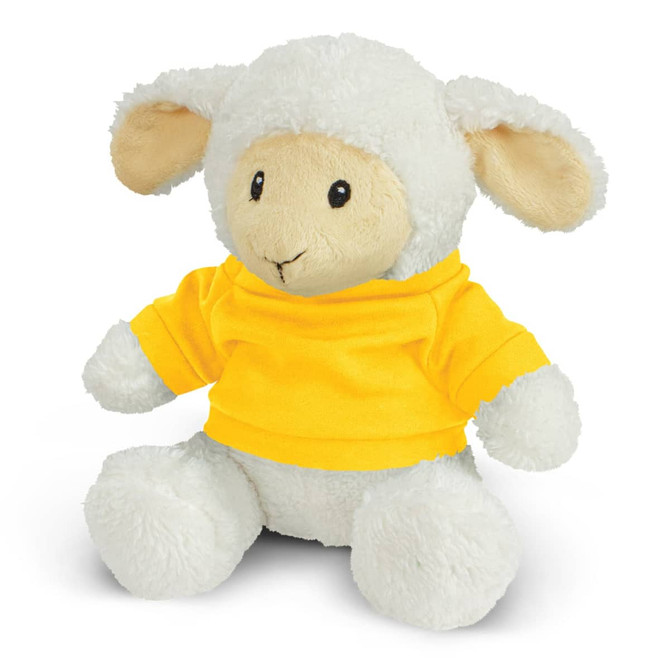 A plush toy lamb with a friendly expression, wearing a yellow top, featuring cream and white fur.