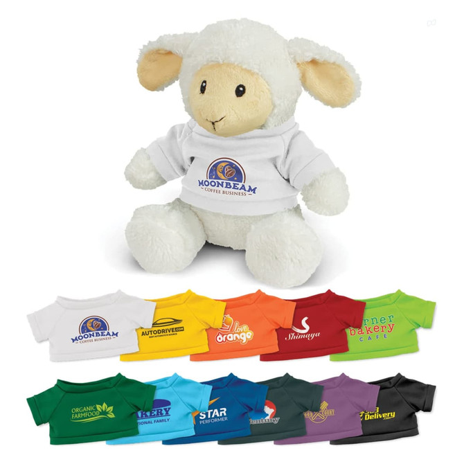 A plush lamb toy wearing a white shirt, with various colourful shirts displayed below it.