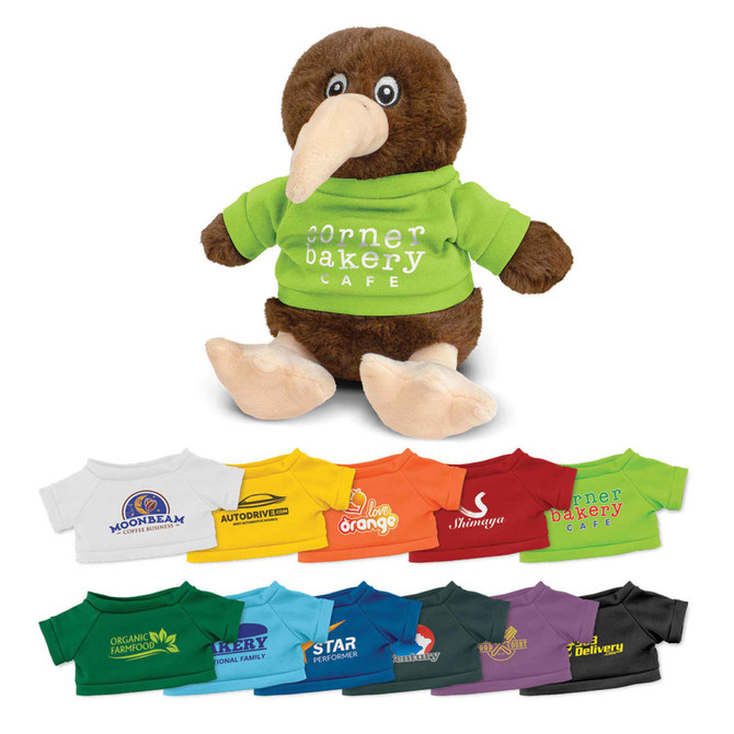 A brown kiwi plush toy wearing a green shirt with a logo, displayed alongside various brightly coloured miniature shirts.
