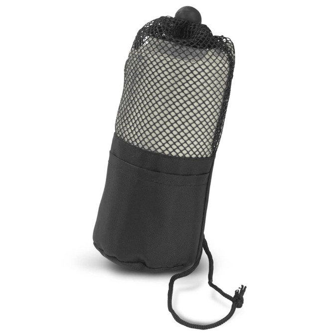 A black gym towel packaged in a mesh bag with a drawstring closure, designed for leisure and outdoor activities.