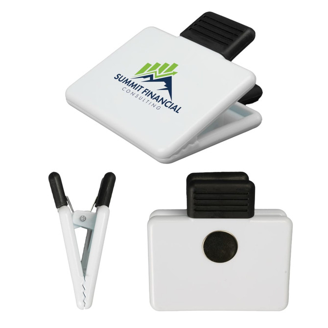 A white magnetic clip is displayed, featuring a black grip and a logo on one side.
