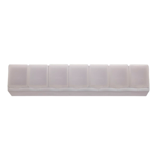 A weekly pill box in clear plastic with eight compartments labeled for each day of the week.
