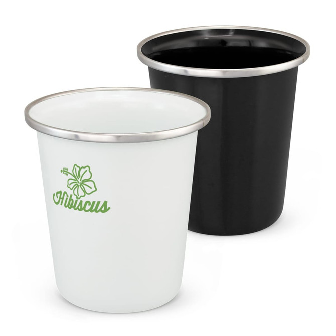 A drink tumbler set featuring a white enamel tumbler with a green logo and a black enamel tumbler with a silver rim.