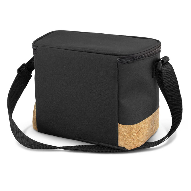 A black cooler bag with a cork bottom and a detachable shoulder strap. It features a zip closure and a simple design.