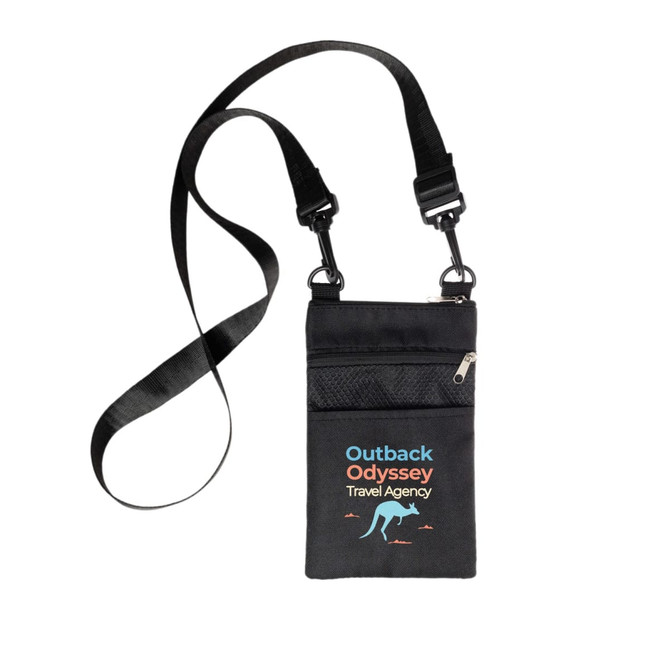 A black neck pouch with a strap, featuring a zip pocket and a logo on the front.