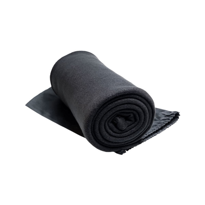 A rolled black Polar Blanket, designed for leisure and outdoor use.