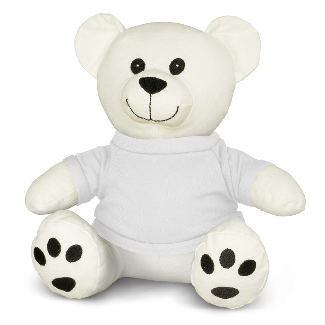 A White Cotton Bear plush with a white shirt on