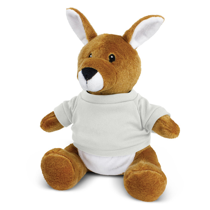A Brown Kangaroo plush with a white shirt on