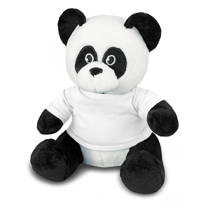 A Black & White Panda Bear plush with a white shirt on