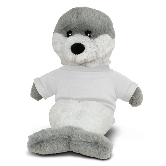 A Grey Seal plush with a white shirt on