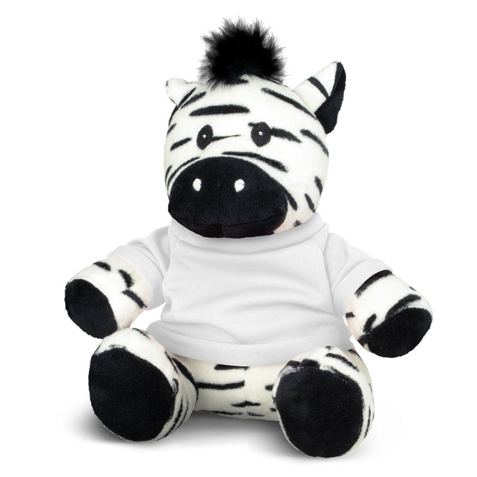 A Zebra plush with a white shirt on