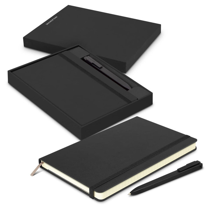 A black Moleskine notebook and pen set, presented in a matching black gift box.