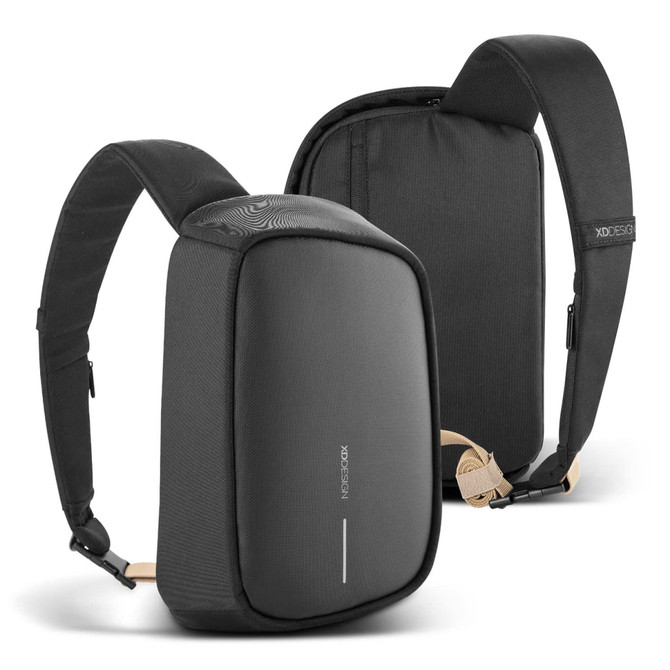 A black sling bag with adjustable straps and a compact design, featuring a logo on the strap.