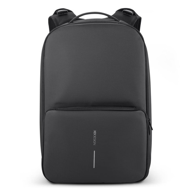 A black gym bag with a front zip pocket and adjustable straps, featuring a logo on the front.
