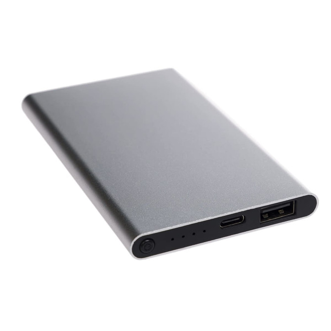 A sleek, silver 4,000mAh power bank with a USB and USB-C port, featuring a small indicator light.