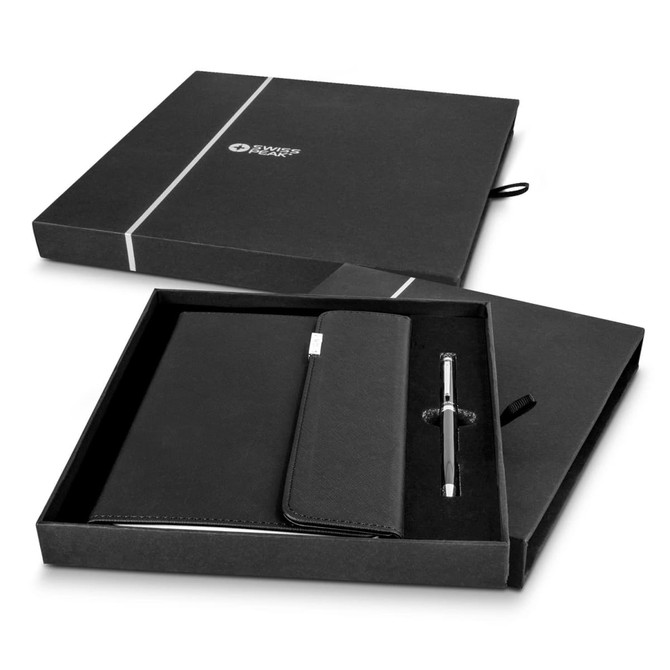 A black A5 notebook and silver pen set packaged in an elegant black box with a logo.