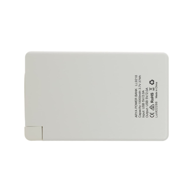 A power bank labeled "Arya 10,000mAh Power Bank," featuring a compact design and printed specifications on the back.