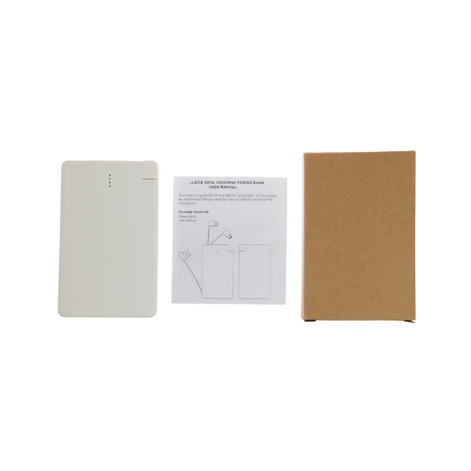 A white 10,000mAh power bank, instruction manual, and a brown cardboard box.
