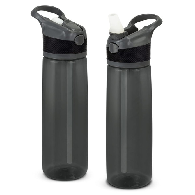 A drink bottle in grey with a white spout, featuring a handle and textured grip, displaying branding.