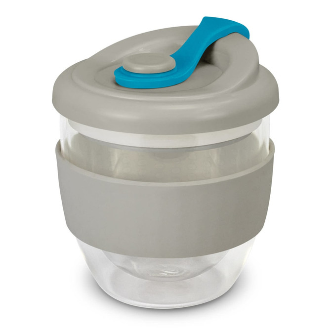 A drink bottle featuring a clear glass body, grey silicone band, and a blue lid with a secure closure.
