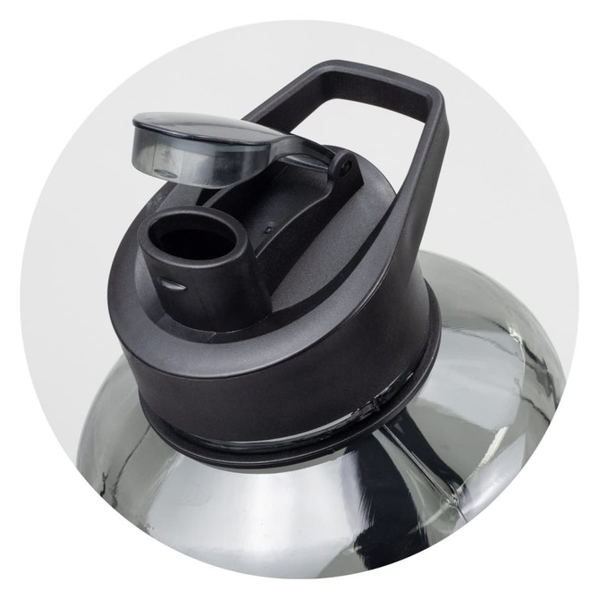 A drink bottle in silver with a black lid and handle, featuring a cap and spout design. It has a logo on the lid.